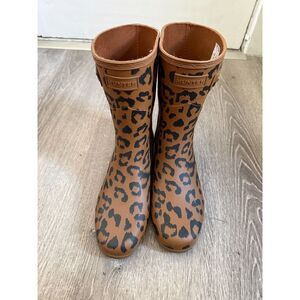 Hunter Original Short Leopard Print Brown & Black Rain Boots Size 8
